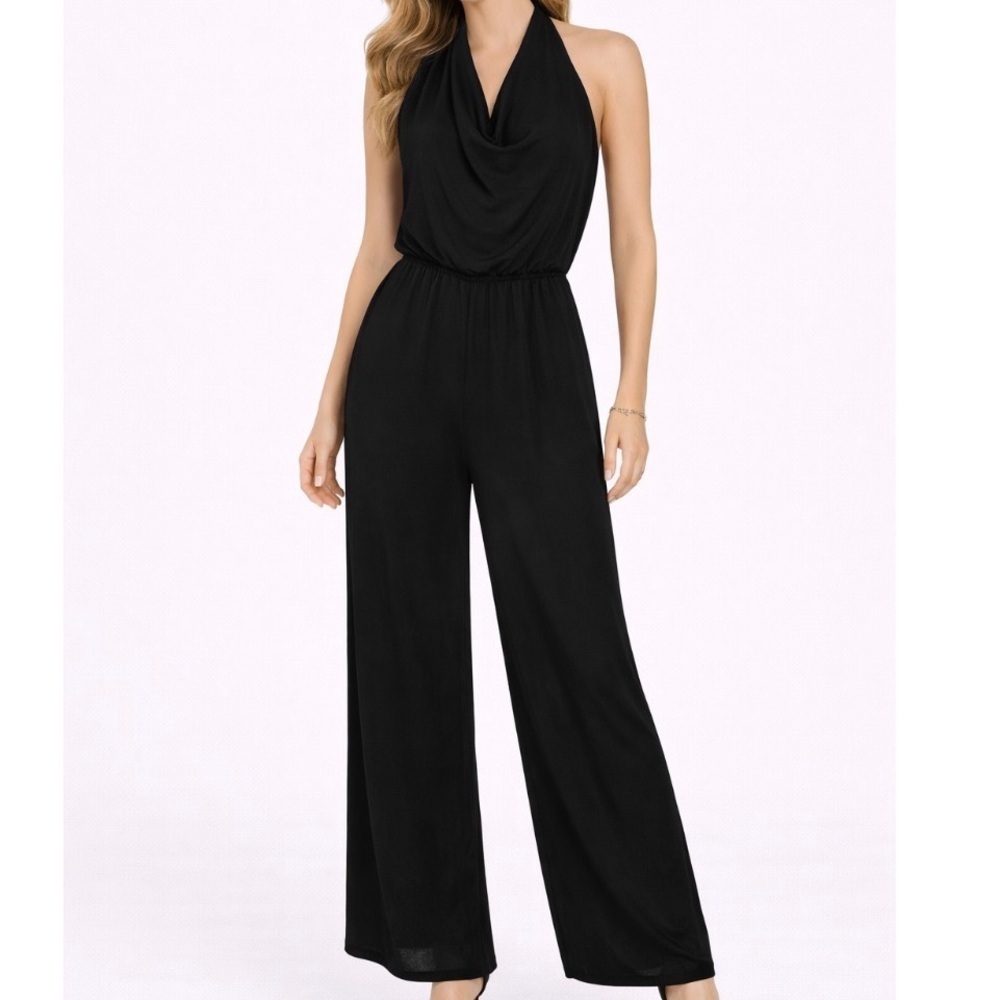 Maitai black romper jumpsuit cowl neck wide leg open back halter style SZ M
